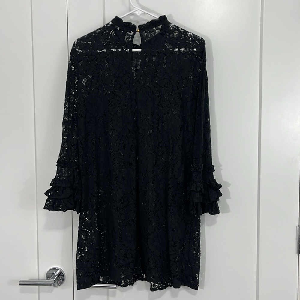 Who What Wear Medium Black Lace Sheer Long Ruffle Sleeve High Neck Dress - Picture 5 of 10